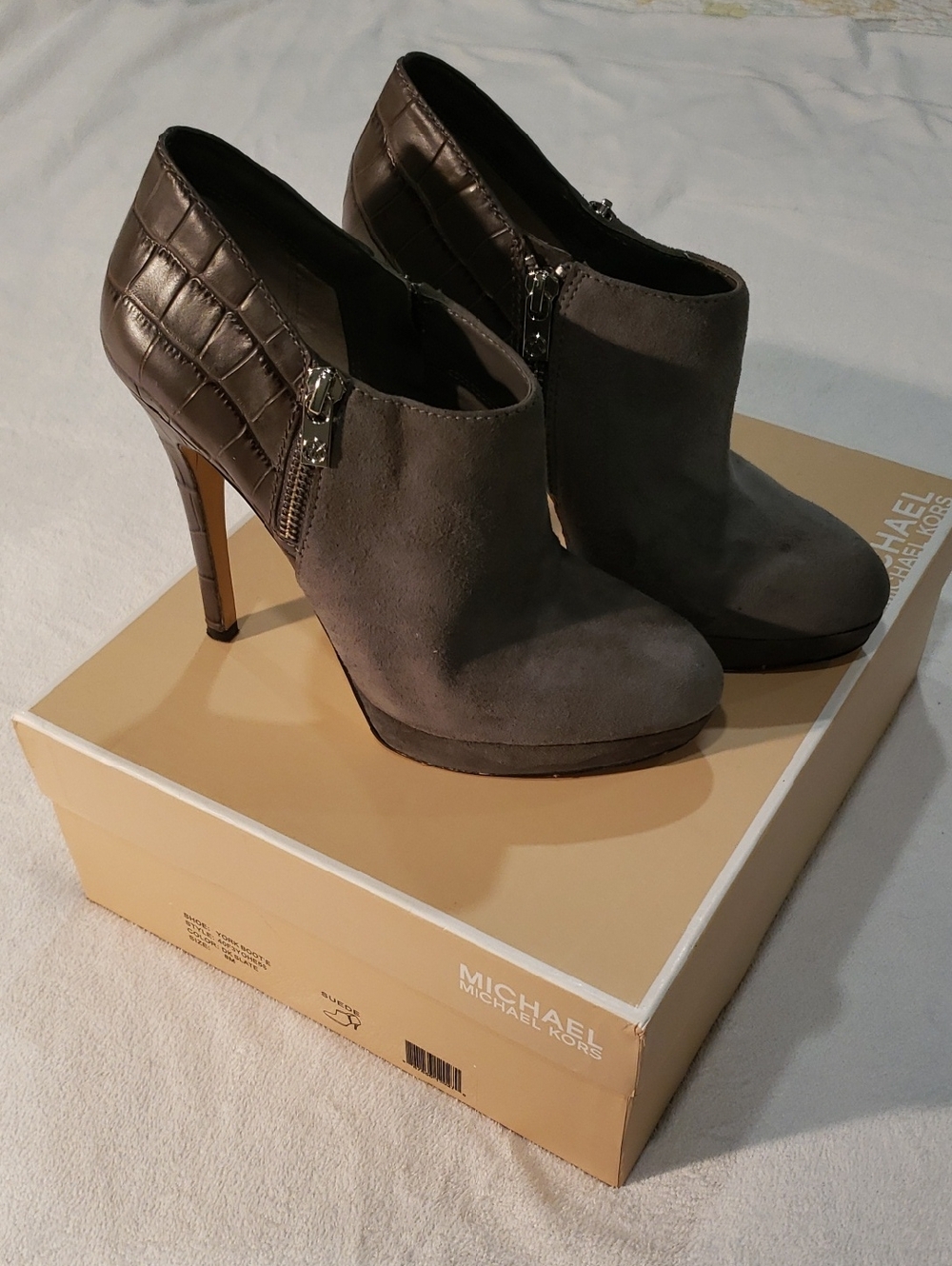 Michael Kors Gray Suede & Croc-Embossed Ankle Booties